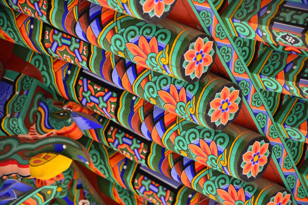 Jeondeungsa Temple - colorfol roof detail (Dancheong), Ganghwa Island, Incheon, South Korea Ganghwa Island, Incheon, South Korea: Dancheong Korean traditional decorative colouring on wooden buildings - Jeondeungsa Buddhist Temple - Samnangseong castle. incheon stock pictures, royalty-free photos & images