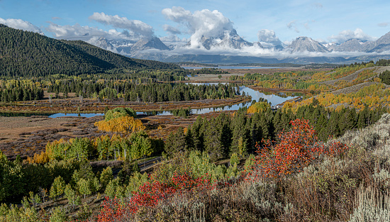 View of the Grand Tetons from a hillside above Oxbox Bend on the Snake River