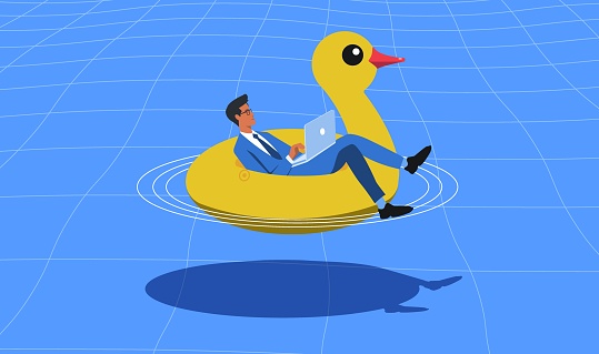 Man working on laptop floating in the pool. Freelance, summertime, vacation concept. Flat vector illustration.
