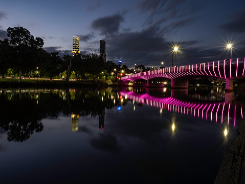 Princess Bridge over the Yarra River all illuminated at night