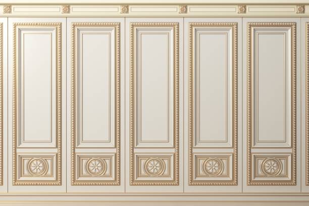 istock Classic wall of white and gold wood panels 1491615821