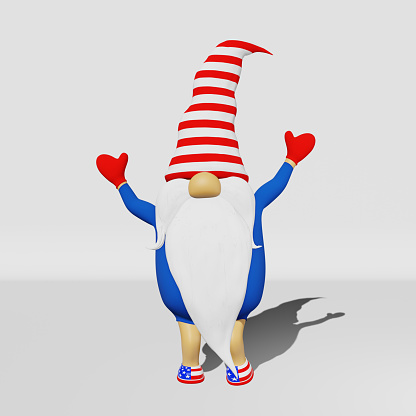 United States Independence Day gnome striped hat 3D rendering. 4th of July national USA flag holiday greeting card festive party banner design Funny scandinavian character american patriotic symbolics