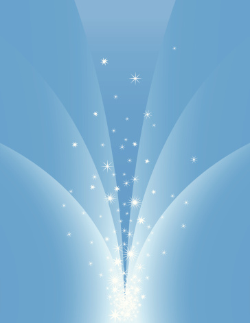 A spray of stars and light move from bottom center to the top in a blue atmosphere. 