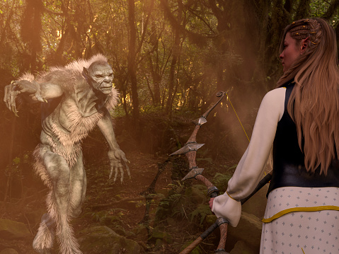 Werewolf and female elf warrior ready to fight in the forest - 3d rendering