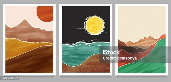 istock creative minimalist hand painted illustrations of Mid century modern. Abstract nature, sea, sky, sun, river, rock mountain landscape poster. Geometric landscape background 1491618102