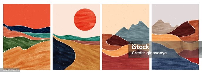 istock set of creative minimalist hand painted illustrations of Mid century modern. Natural abstract landscape background. mountain, forest, sea, sky, sun and river 1491618413