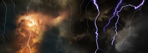 istock Panorama Dark cloud at evening sky with thunder bolt. Heavy storm bringing thunder, lightnings and rain in summer. 1491618504