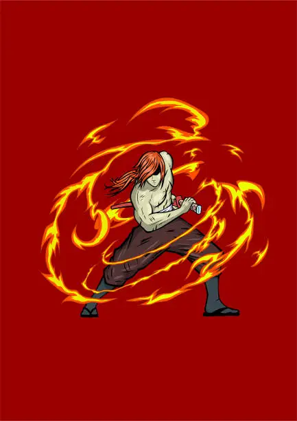 Vector illustration of Vector Anime Samurai Fighting Ready Stance with Flame Effects Stock Illustration