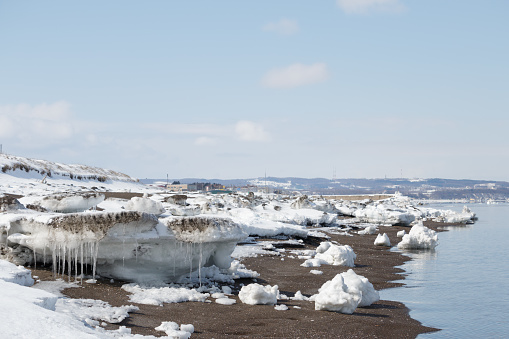Drift ice washed up on a winter beach, Abashiri, Hokkaido