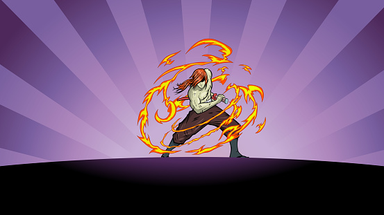 An anime style vector illustration of a samurai in ready fighting stance with flame and sunburst effects. Easy to grab and edit.