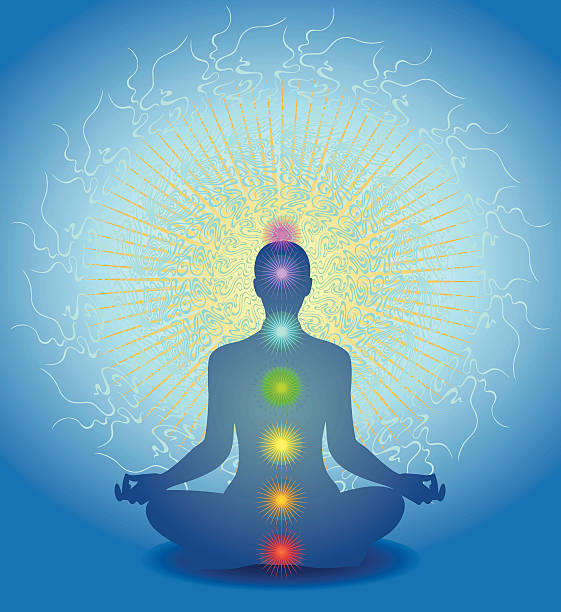 Chakra Meditation A figure sits in deep meditation. Multiple energy systems are shown including the chakras in their corresponding colors.  celestial body stock illustrations