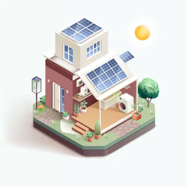 Vector illustration of Smart home with solar panels. Isometric vector illustration