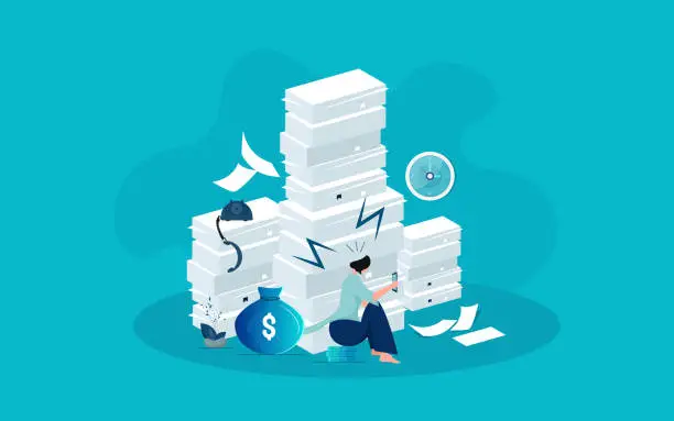 Vector illustration of Isometric tired businesswoman with the pile of paper document
