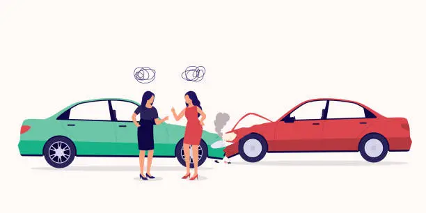 Vector illustration of Two Angry Women’s Driver Disputing Fault In A Car Accident. Auto Accident. Automobile Accident.