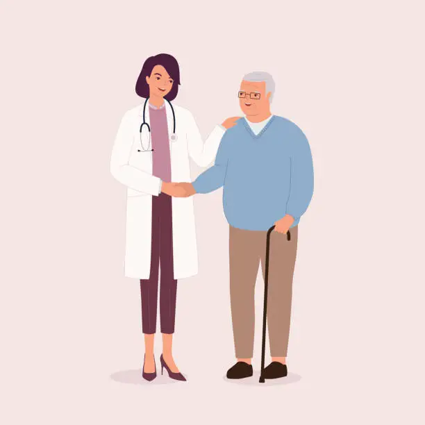 Vector illustration of Female Doctor Receiving “Thank You” From A Senior Man.
