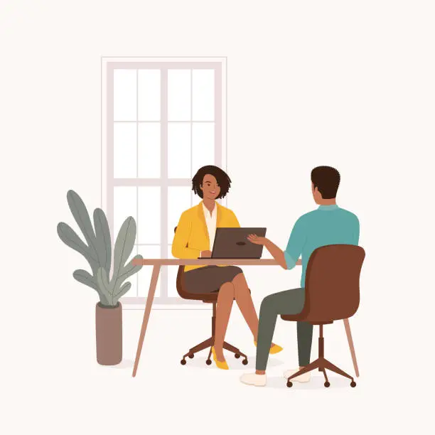 Vector illustration of Black Woman Manager Interviewing A Man Candidate For A Job Employment At The Office.
