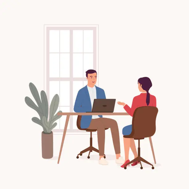 Vector illustration of Man Manager Interviewing A Woman Candidate For A Job Employment At The Office.