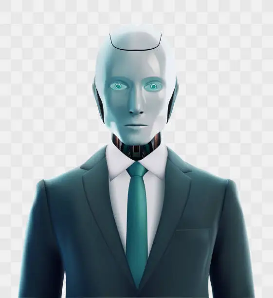 Vector illustration of Artificial intelligence robot in suit with a tie. Isolated on a transparent background. Concept of robotization, the replacement of human AI. 3d Vector illustration
