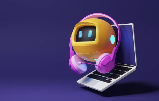 istock Yellow robot with bright pink headphones conversational technology  and smart phone on purple background 1491629228