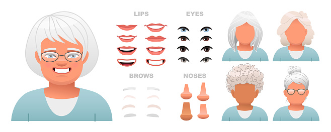 Constructor of an elderly female face. A set of eyes, noses, eyebrows, lips and hairstyles to create female characters. Facial elements for the construction of a portrait of an old woman. Vector illustration in cartoon style on a white background.