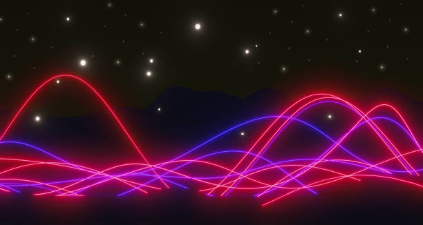 istock Abstract Sci-Fi Neon light glow network wave neon shape on smoke. futuristic colorful line neon glowing light. wireframe wave landscape mountain dark neon background. 3d render illustration. 1491632438