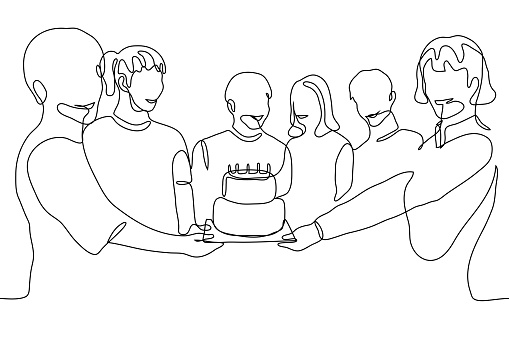 A group of friends (girls and boys) hold a cake with candles and smile. Six young people celebrate and congratulate. One continuous line art birthday, anniversary. can be used for animation