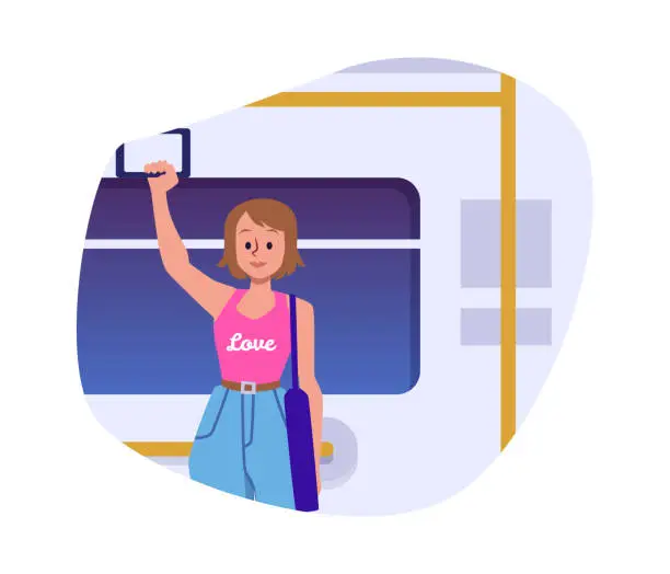 Vector illustration of Vector Illustration of young beautiful woman holding a handle in a subway train, bus, isolated on white background