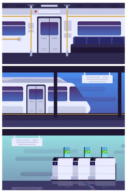 Vector illustration of Set of vector illustrations of inside empty baffle gate or turnstile as passinggate for traffic in metro, subway train arriving at metro platform