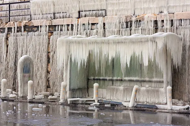 Frozen bus-stop in Varna,Bulgaria coverd with icicles due to extremely cold weather in Europe