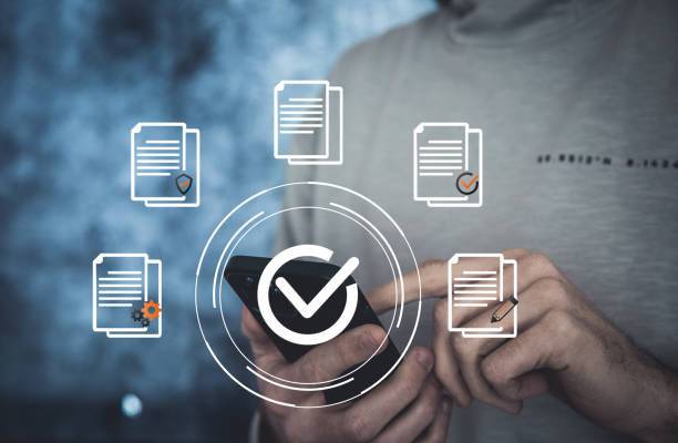 istock Human resources and management concept. Employees must complete the online survey form, answer the test questions. Marked checklist on a clipboard. 1491639381