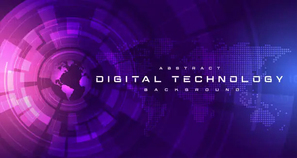 Vector illustration of Abstract digital technology futuristic circuit blue purple background, Cyber science tech, Innovation communication future, Ai big data, internet network connection, Cloud hi-tech illustration vector