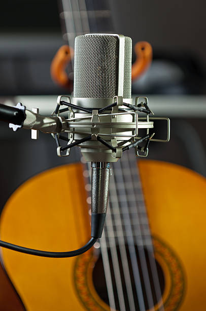 istock Studio condenser mic with an acoustic guitar 149164156