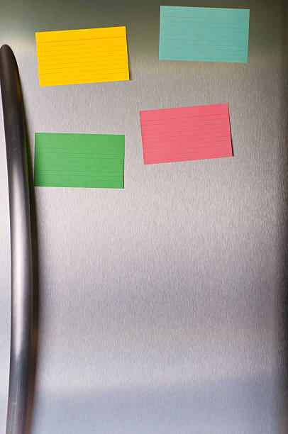Sticky notes on fridge door stock photo