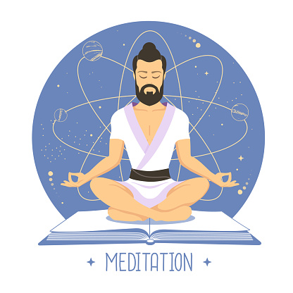 Handsome man meditation in lotus position on outer space background. Vector illustration
