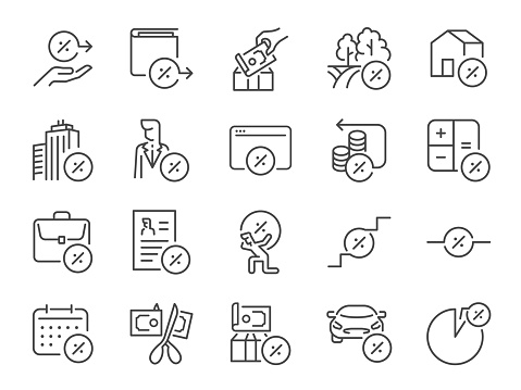 Taxes icon set. It included tax, tariff, Interest Rate, tax deduction, credit, and more icons. Editable Stroke.