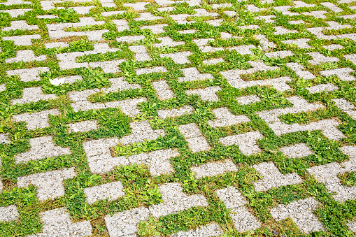 Concrete flooring blocks with grass permeable to rain water as required by the building laws used for sidewalks and parking areas - permeable interlocking concrete pavers - PICP
