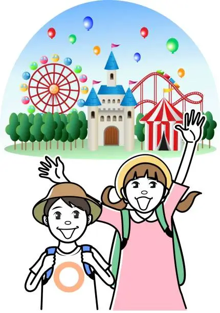 Vector illustration of Visiting Japanese amusement and theme parks with children