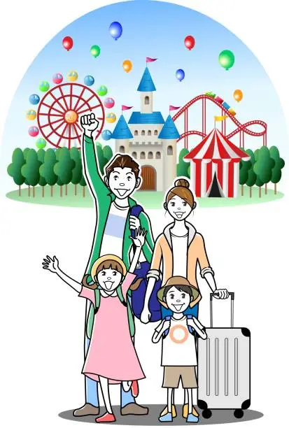 Vector illustration of Families Tourists visiting Japanese amusement and theme parks in