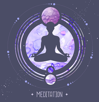 Meditating man silhouette on outer space background. Alcohol ink vector illustration