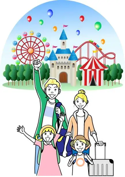 Vector illustration of Families Tourists visiting Japanese amusement and theme parks in