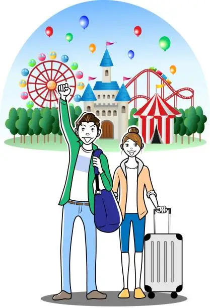 Vector illustration of Tourists visiting Japanese amusement and theme parks as a couple