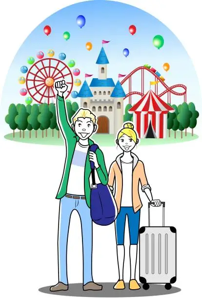 Vector illustration of Tourists visiting Japanese amusement and theme parks as a couple