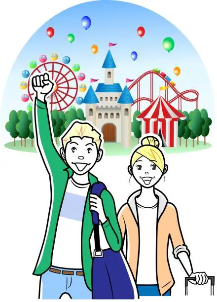 Vector illustration of Tourists visiting Japanese amusement and theme parks as a couple