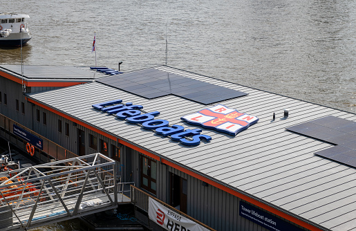 London. UK- 05.17.2023. The Royal National Lifeboat Institution lifeboat station on the River Thames.