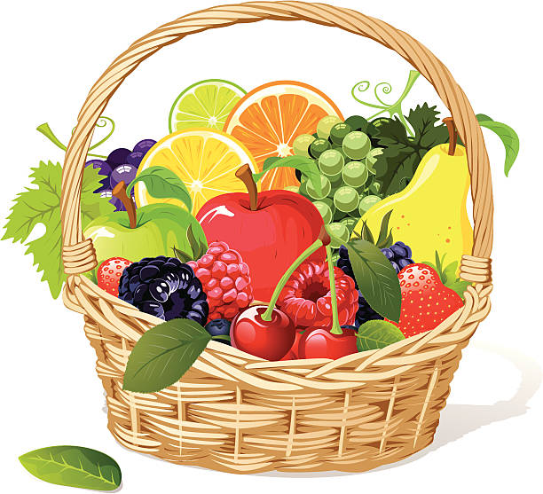 ilustrações, clipart, desenhos animados e ícones de cesta de frutas - basket apple wicker fruit