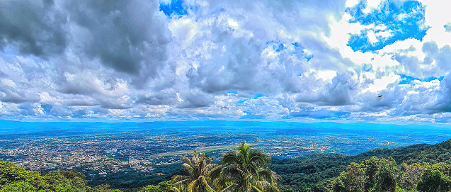 the Aerial Panorama View of Chiang Mai City with sunrise and clouds, Thailand
