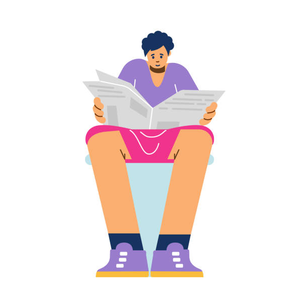 kobieta czytająca gazetę siedząc na muszli klozetowej, płaska ilustracja wektorowa wyizolowana na białym tle. - toilet public restroom newspaper reading stock illustrations