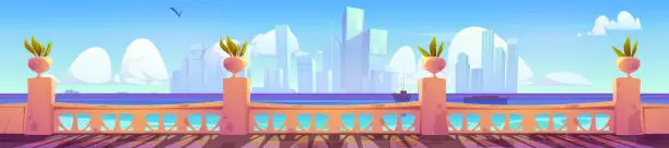 Vector illustration of Hotel terrace empty view with sea and city skyline