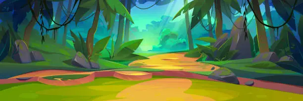 Vector illustration of Summer jungle forest landscape, with sun light ray