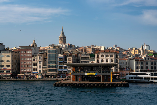 Istanbul, Turkey- January 6th, 2022: Ferries and boats on Bosphorus in Istanbul, Galata Tower can be seen in the background.
